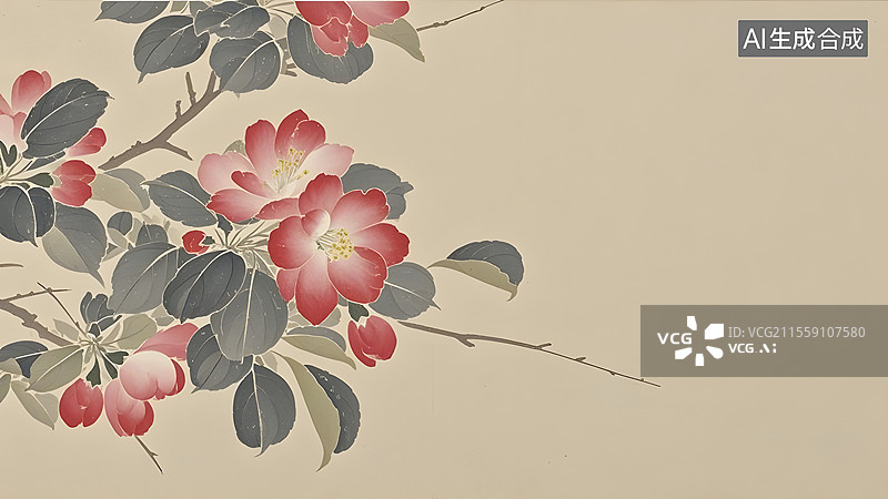 【AI数字艺术】水墨画海棠花等花卉装饰背景居左图片素材