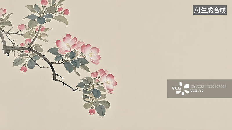 【AI数字艺术】水墨画海棠花等花卉装饰背景居左图片素材