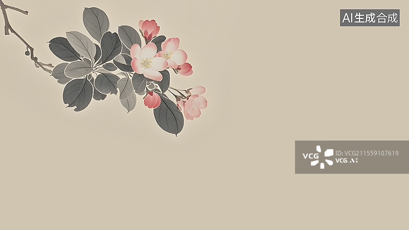 【AI数字艺术】水墨画海棠花等花卉装饰背景左上图片素材