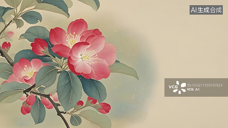 【AI数字艺术】水墨画海棠花等花卉装饰背景居左图片素材