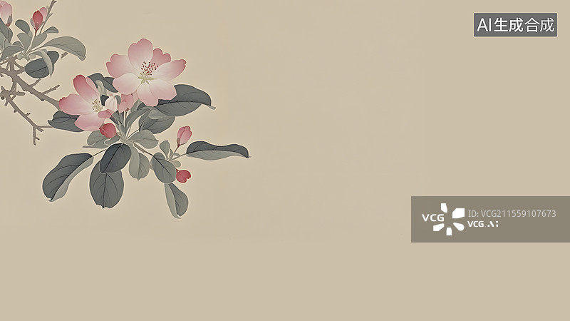【AI数字艺术】水墨画海棠花等花卉装饰背景左上图片素材