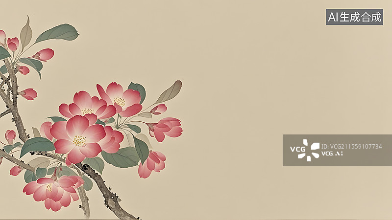【AI数字艺术】水墨画海棠花等花卉装饰背景居左图片素材