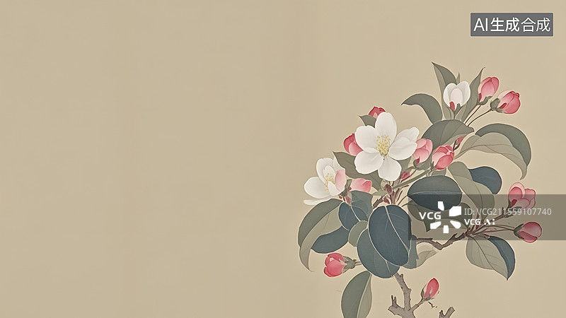 【AI数字艺术】水墨画海棠花等花卉装饰背景右下图片素材