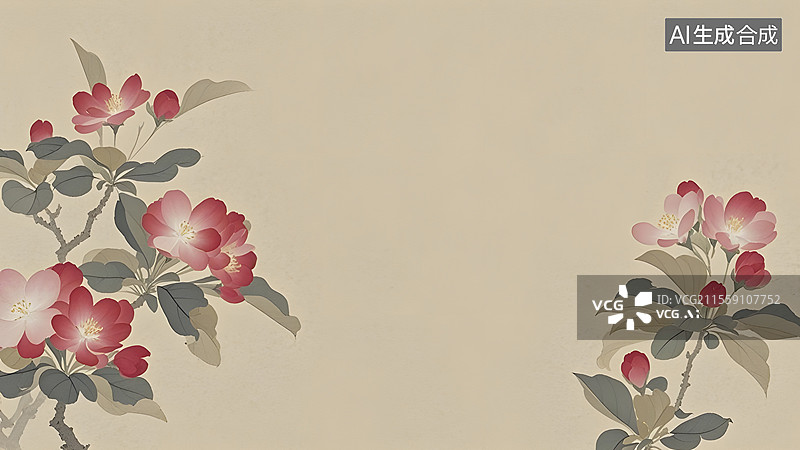 【AI数字艺术】水墨画海棠花等花卉装饰背景图片素材