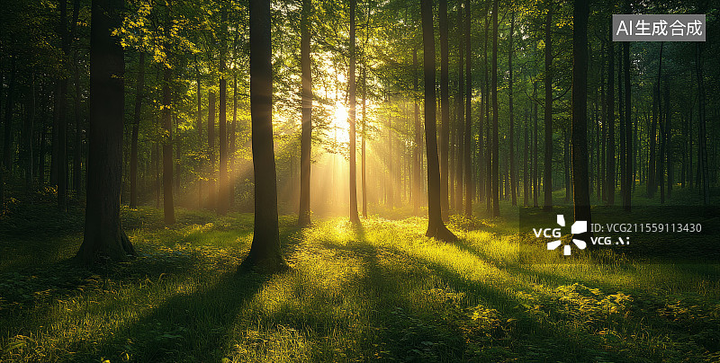 【AI数字艺术】阳光洒落的茂密森林景象图片素材