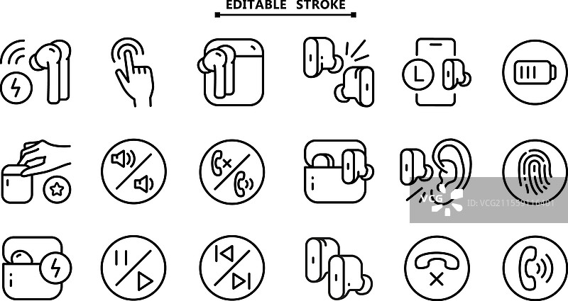 无线耳塞图标集，可编辑线条，扁平风格图片素材