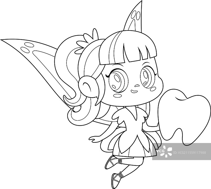 可爱的牙仙女孩卡通角色轮廓图图片素材
