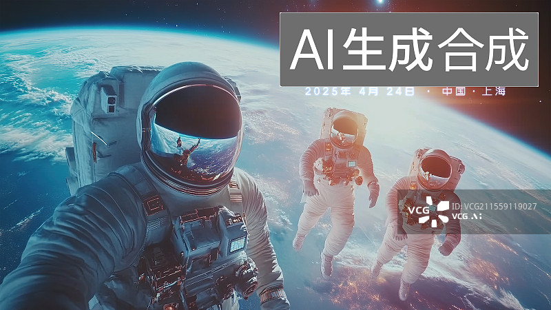 【AI数字艺术】中国航天日海报设计模板3D立体写实科幻概念效果图三个宇航员失重漂浮星球上方遨游宇宙太空看向镜头打招呼图片素材