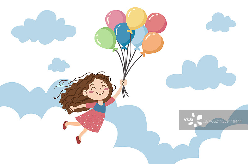 快乐的小女孩角色在天空中飞翔图片素材