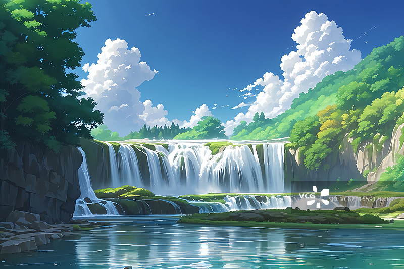 清新日漫风瀑布风景画图片素材