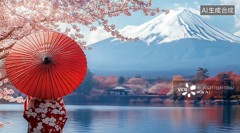 【AI数字艺术】富士山樱花树下打着红伞的日本女人图片素材