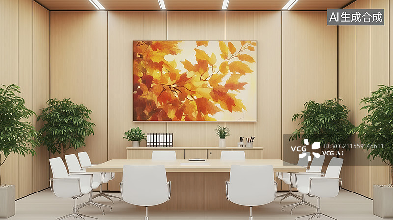 【AI数字艺术】秋叶装饰的现代化会议室图片素材