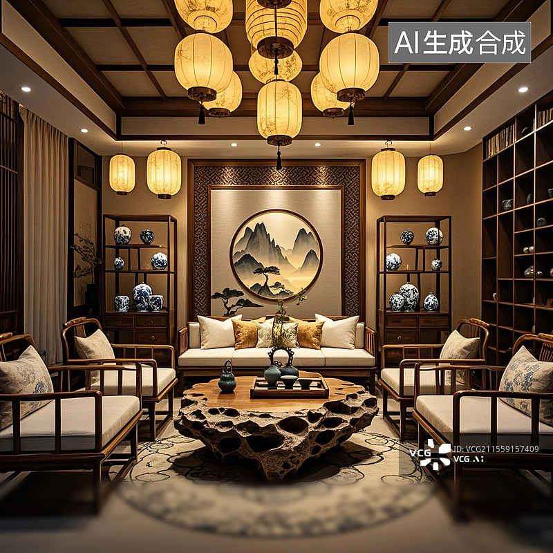 【AI数字艺术】新中式禅意客厅图片素材