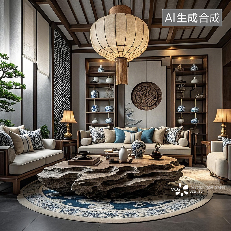 【AI数字艺术】新中式禅意客厅图片素材