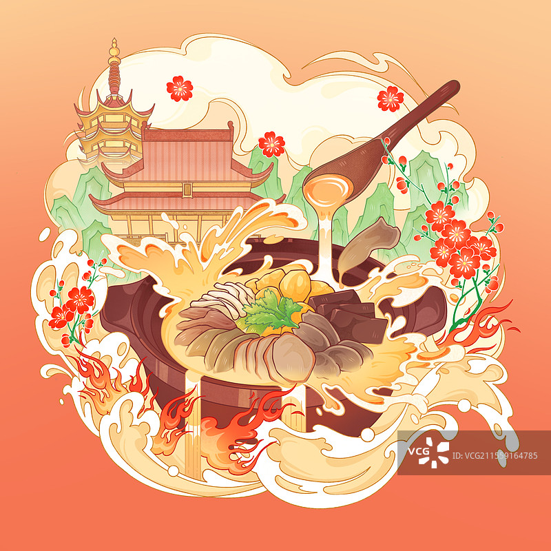 南京印象鸭血粉丝汤地标建筑国潮插画图片素材