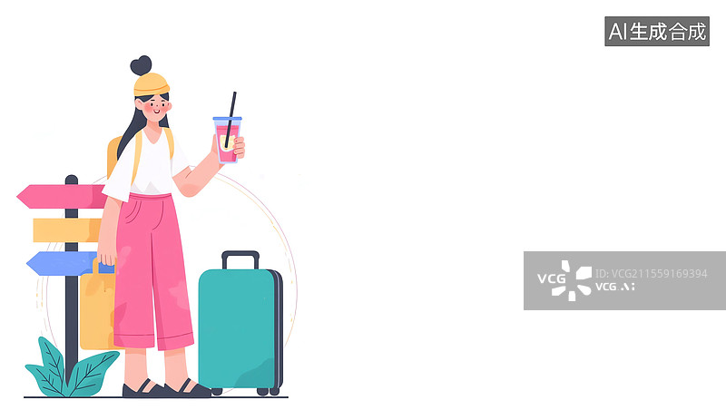 【AI数字艺术】手持饮品的旅行女子插画2D卡通居左图片素材