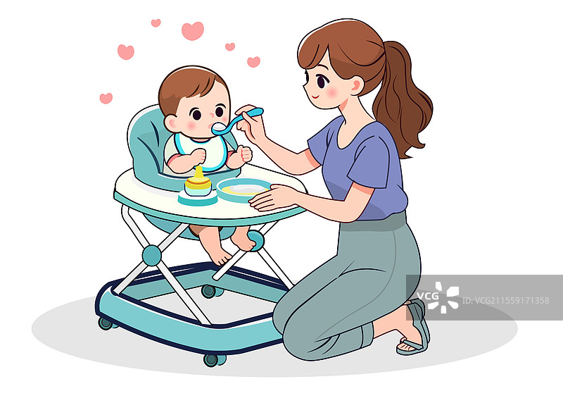 平面风格卡通母亲喂养坐着的婴儿图片素材