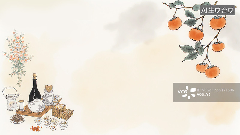 【AI数字艺术】中式静物与柿子枝插画水墨画两侧图片素材