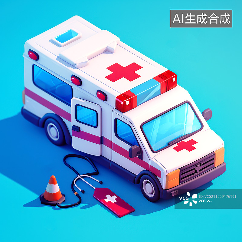 【AI数字艺术】医疗3D卡通插画救护车图标图片素材