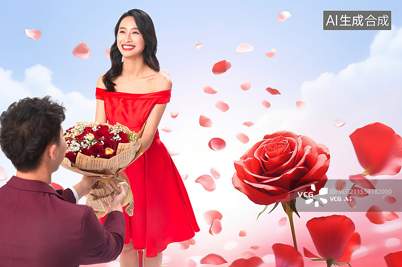 【AI数字艺术】青年男人给女朋友送玫瑰花图片素材