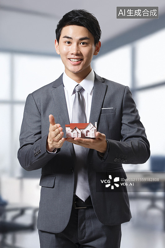 【AI数字艺术】商务男人拿着房屋模型图片素材