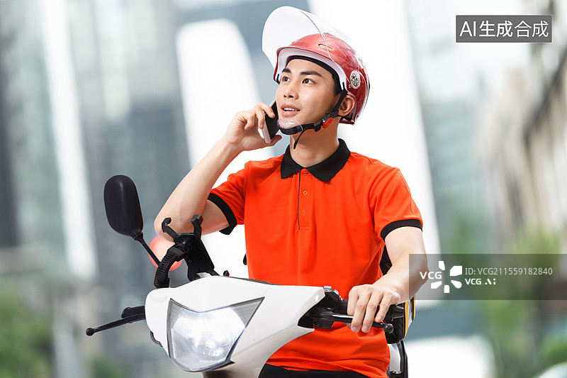 【AI数字艺术】年轻的外卖员骑着电动车在街上打电话与客户沟通图片素材