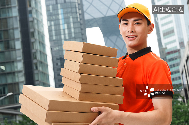 【AI数字艺术】年轻的外卖员在街道上抱着快递盒子奔跑图片素材