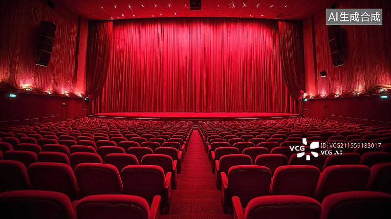 【AI数字艺术】现代电影院报告厅和红色座椅图片素材
