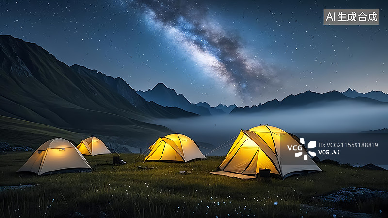 【AI数字艺术】星空下的雪山草原露营帐篷主题自然风光图片素材