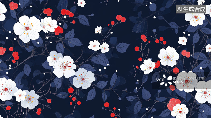 【AI数字艺术】深蓝背景的红白花卉图片素材