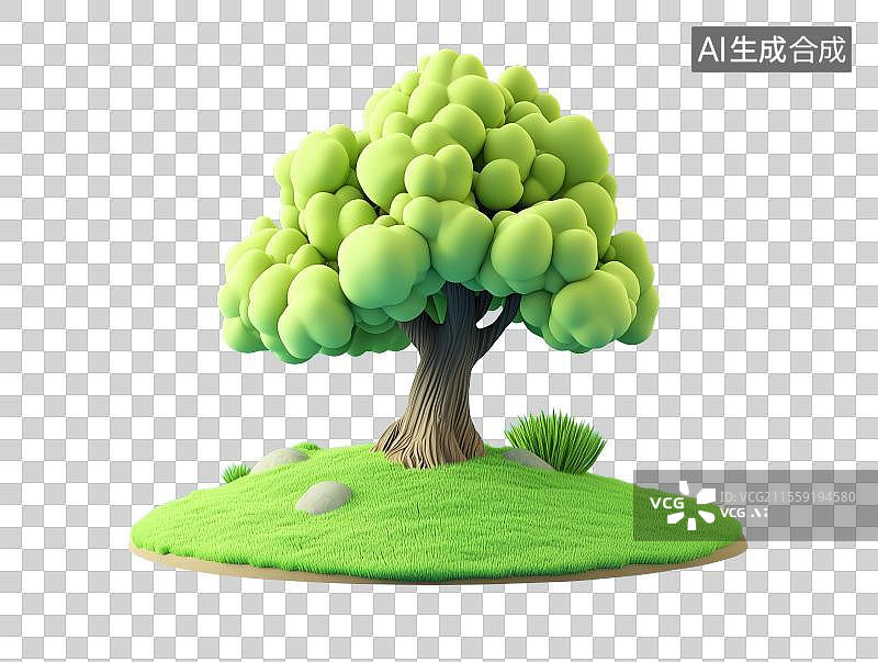 【AI数字艺术】3D卡通自然树自然清新草原草地元素图片素材