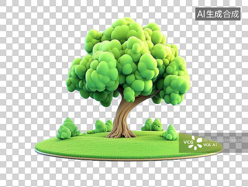 【AI数字艺术】3D卡通自然树自然清新草原草地元素图片素材