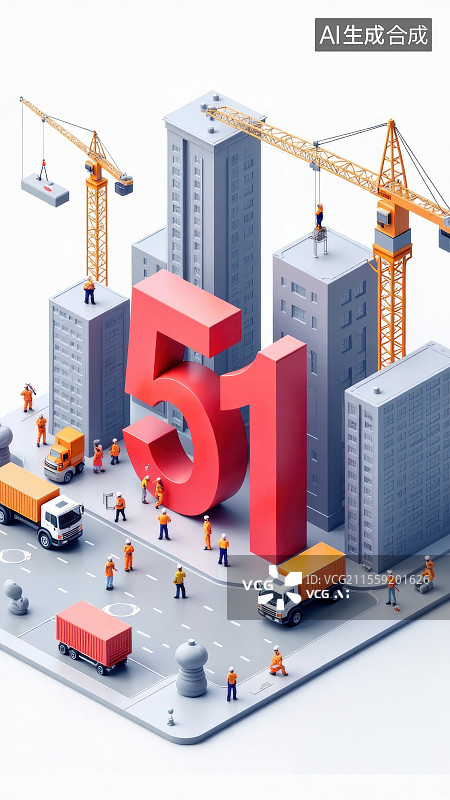 【AI数字艺术】3D城市起重机和卡车建筑工人51劳动节立体字模型图片素材
