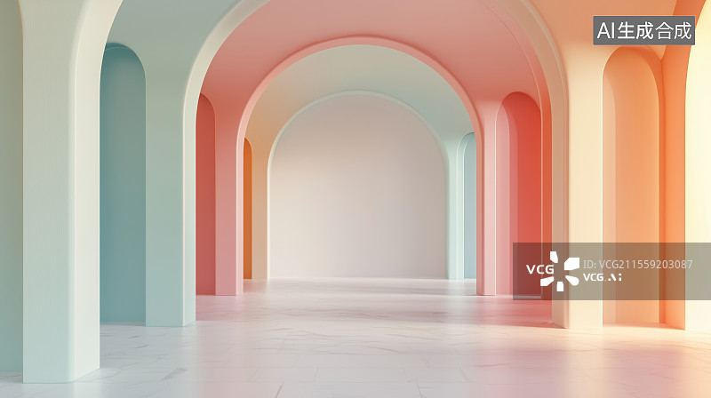 【AI数字艺术】3D炫彩拱形隧道走廊图片素材