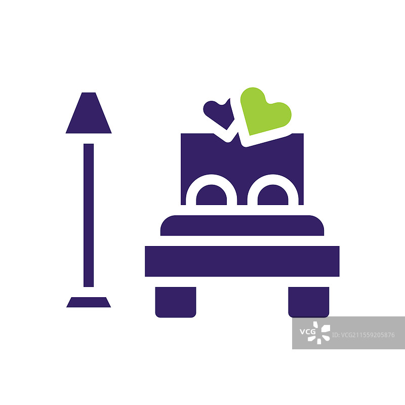 浪漫卧室图标，带床头灯和心形图案图片素材
