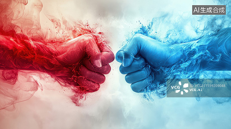 【AI数字艺术】两只手握成拳头,红色,蓝色图片素材