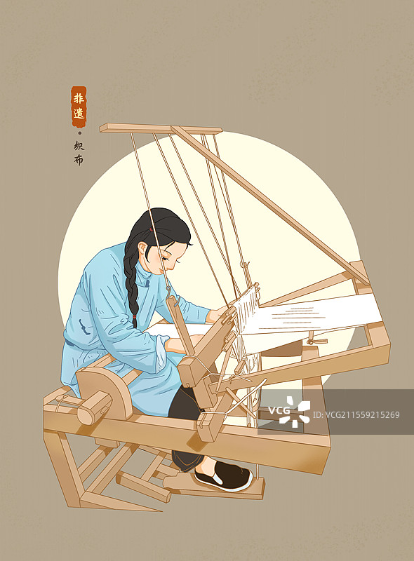 非遗插画用织布机织布的女孩图片素材