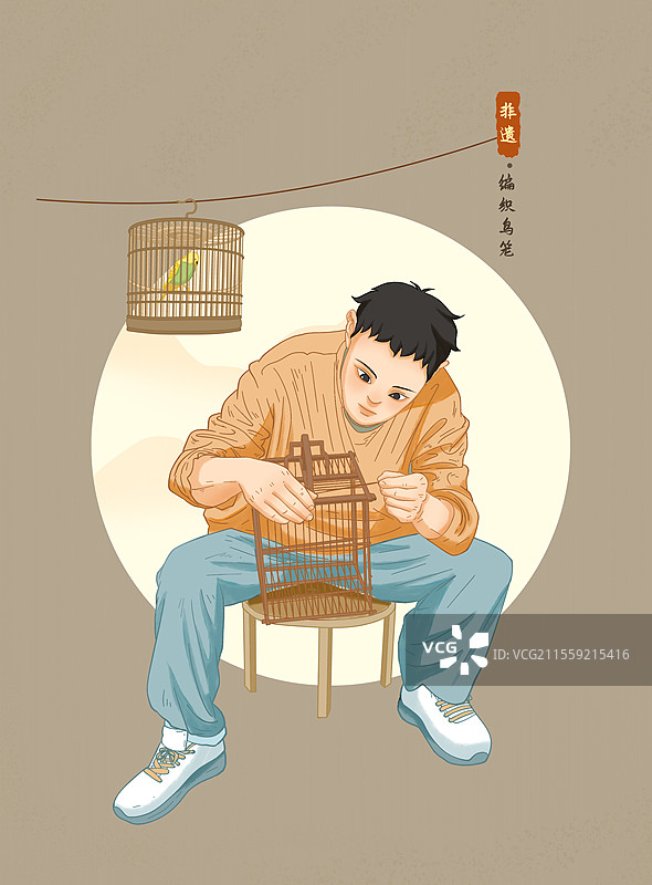 非遗插画制作鸟笼的男孩图片素材