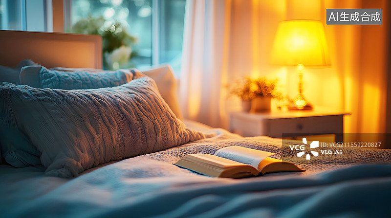 【AI数字艺术】AIGC：家里床上的书，住在内部图片素材