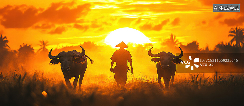 【AI数字艺术】夕阳下的牧牛人剪影图片素材