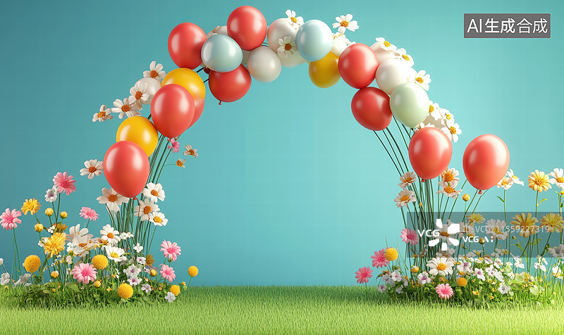 【AI数字艺术】一个充满节日气氛的场景。画面中有一个由彩色气球组成的拱门，气球的颜色包括粉色、黄色和蓝色。图片素材