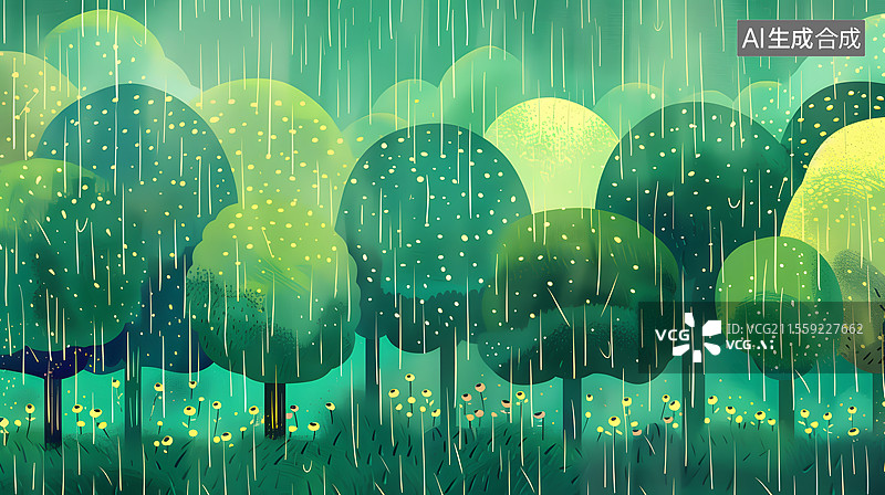 【AI数字艺术】春雨绿色森林夏季雨后插图海报背景图片素材