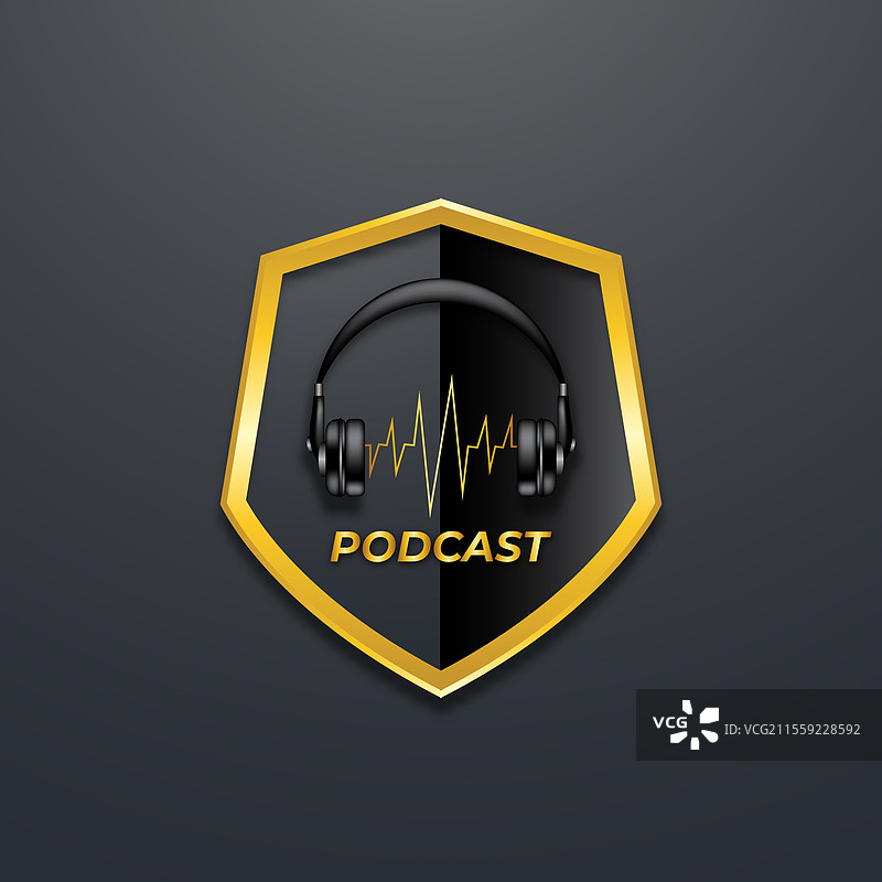 黑色背景上的金色盾牌播客logo图片素材