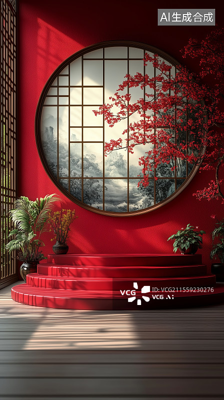 【AI数字艺术】红色背景下的产品展台场景图片素材