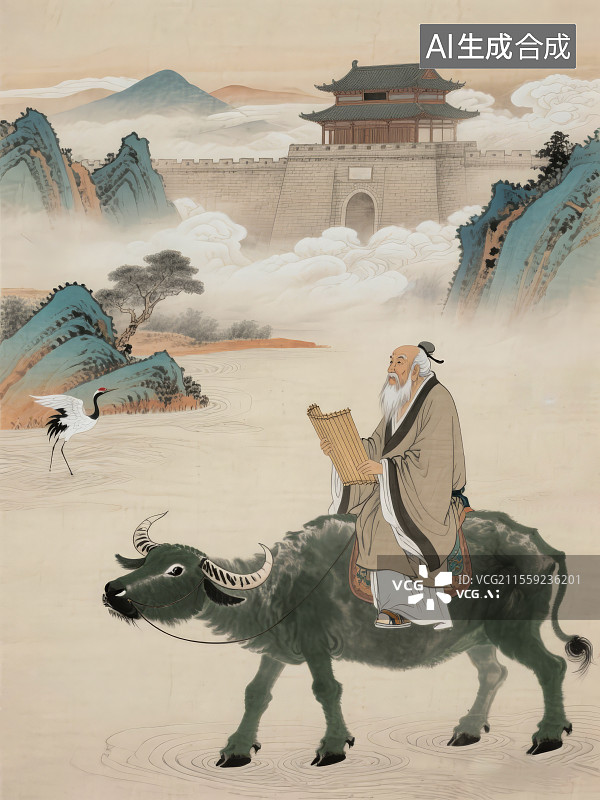 【AI数字艺术】春秋道家代表人物老子骑青牛出函谷关图片素材