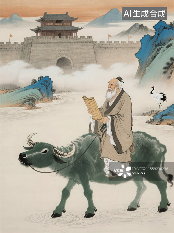 【AI数字艺术】春秋道家代表人物老子骑青牛出函谷关图片素材