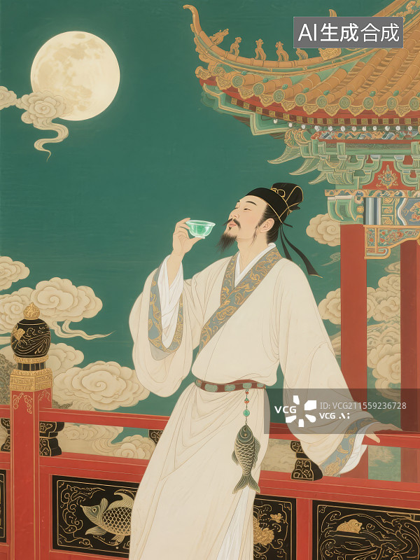 【AI数字艺术】唐代诗仙大诗人李白凭栏举杯邀明月图片素材
