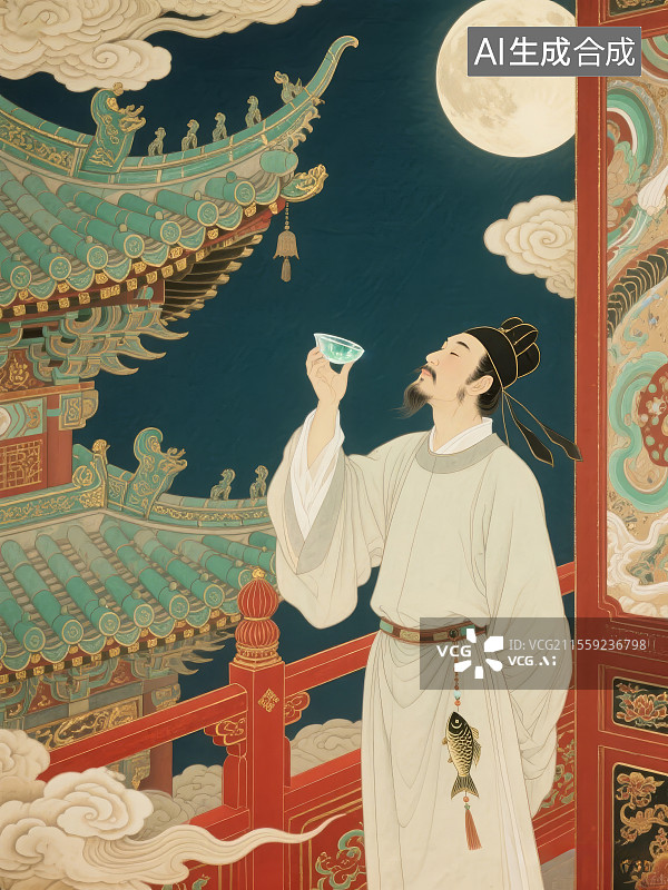 【AI数字艺术】唐代诗仙大诗人李白凭栏举杯邀明月图片素材