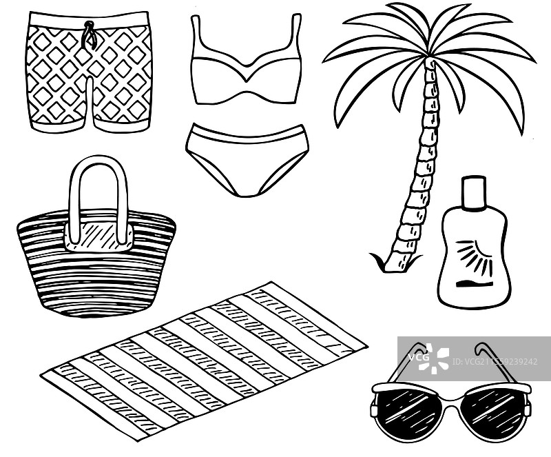 夏季素描图标集：泳衣和棕榈树图片素材