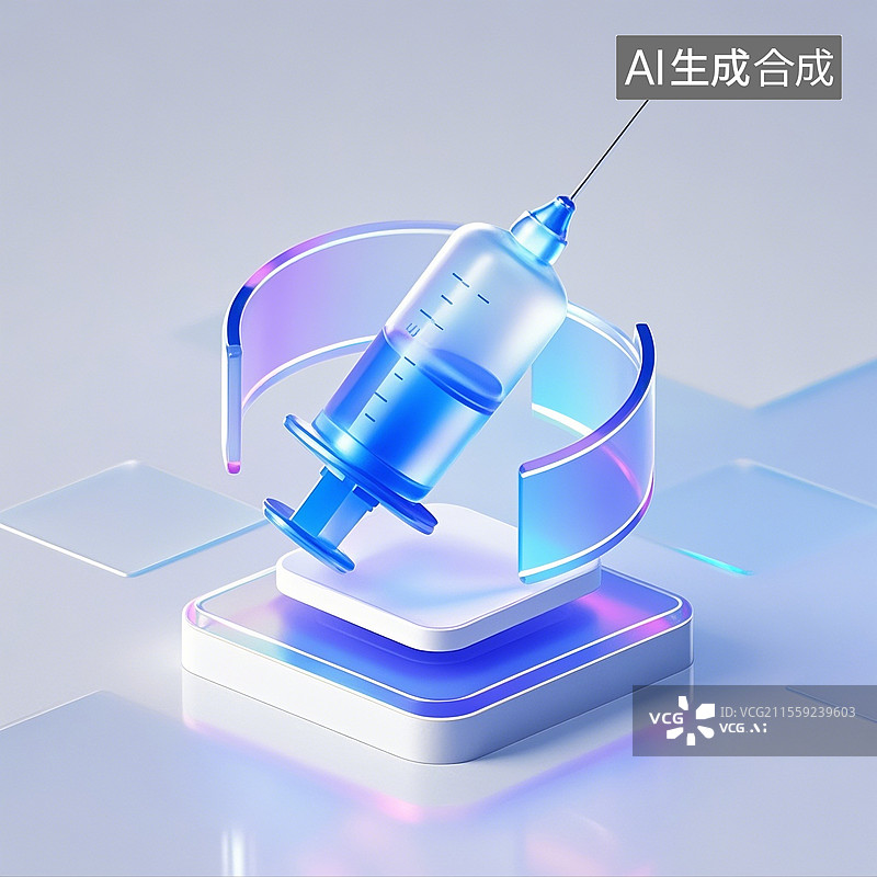 【AI数字艺术】3D渲染，蓝色磨砂玻璃质感，注射器，医院医疗医药安全图片素材